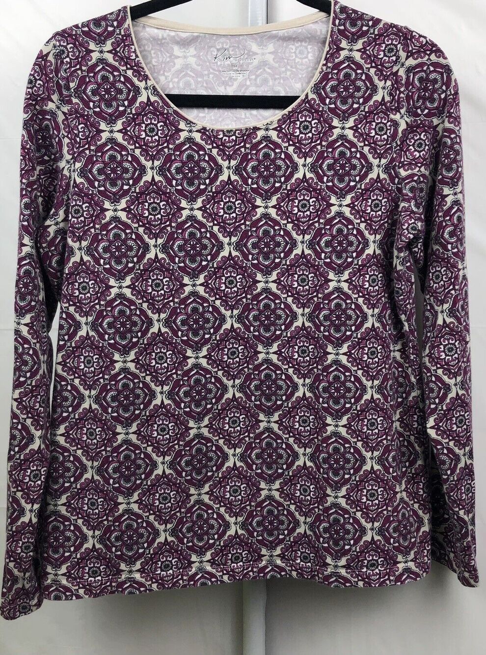 Kim Rogers Top Women M Purple Geo Scoop Neck Cotton Stretch Long Sleeve Tee
